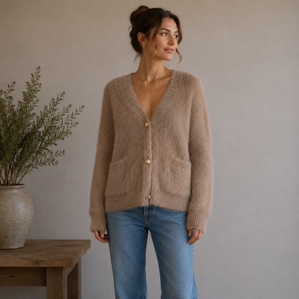 L'Agence Tan Fuzzy Button V Neck Cardigan Medium